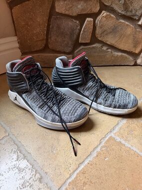Jordan Grey Flyknit High-Top Sneakers with Red Accents